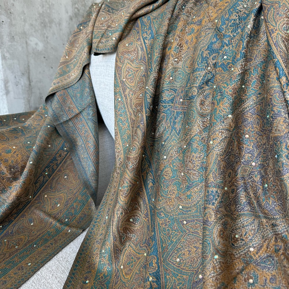 Teal Blue, Navy, Gold Sparkly Rhinestoned Pashmina Scarf Shawl
